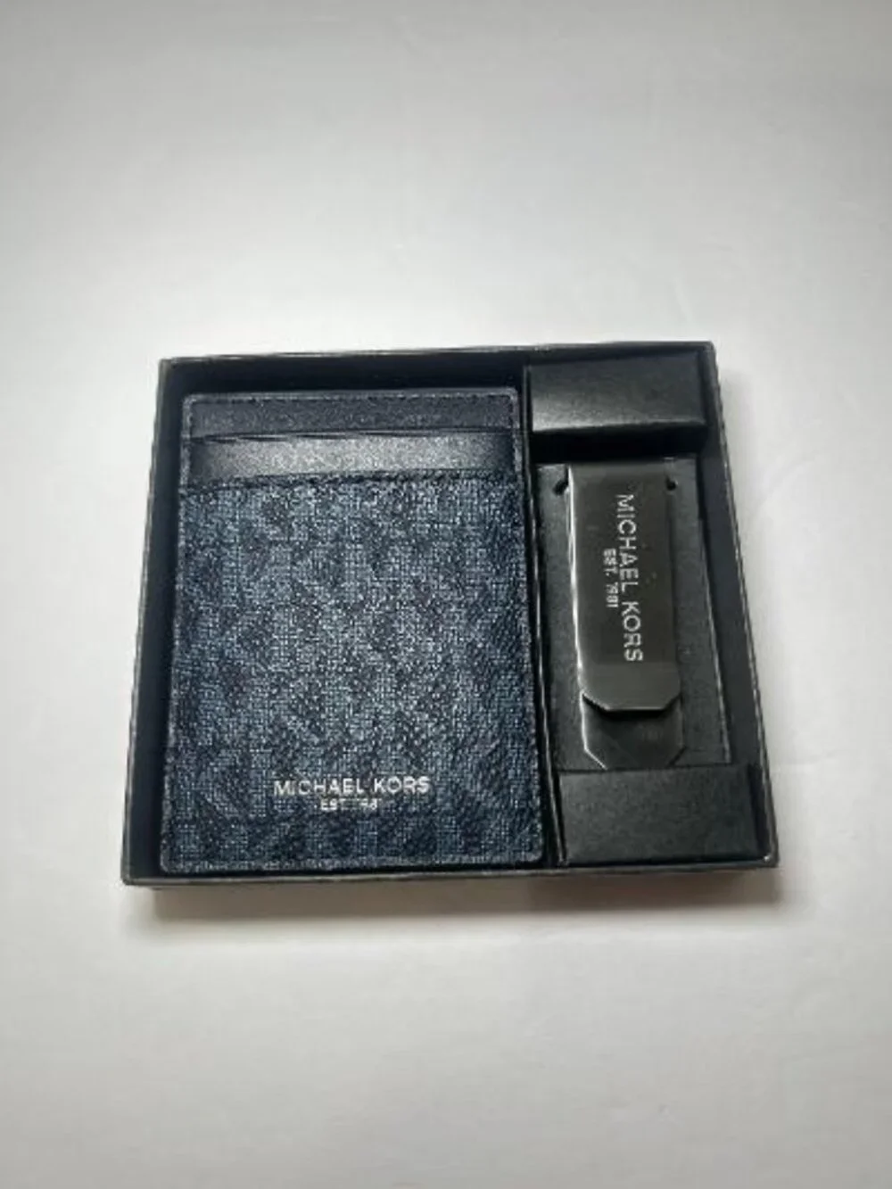 Michael Kors Men's Card Holder & Money Clip Set Black Blue New